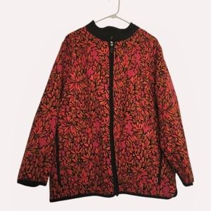 Bob Mackie Wearable Art Quilted Zip Front Jacket Fall Floral Leaves Leaf Pink 2X